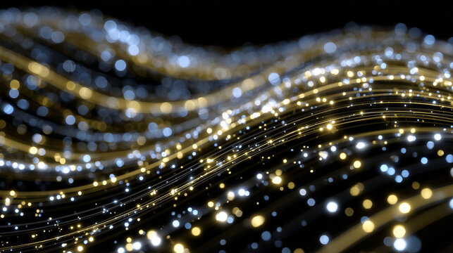 Radiant luminous trails forming fluid wave curves surrounded by golden and silver glitter particles, high-energy abstract design for presentations