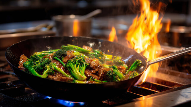 Intense stir-fry moment as vibrant vegetables and meat leap from a flaming wok, golden firelight reflecting off glossy sauce and metal surfaces