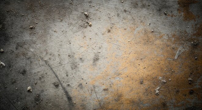 A weathered, gray concrete surface with patches of rust and peeling paint.