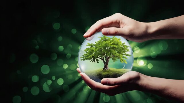 Hands holding a glass globe with a tree growing on top, symbol of sustainability and nature protection, green bokeh background