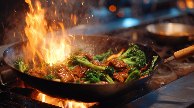 Slow-motion capture of fiery stir-fry action, glowing embers and smoke rising as vegetables and meat caramelize in the wok