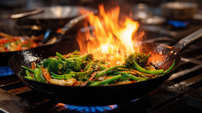 Gourmet Asian cuisine scene showing wok flames reflecting on shiny sauce-covered vegetables, fiery kitchen atmosphere full of energy