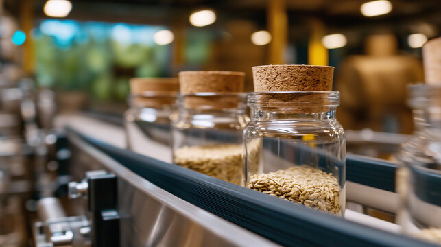 Transparent glass jars with cork lids neatly moving along a stainless-steel conveyor belt under warm factory lighting, evoking artisanal preservation craftsmanship