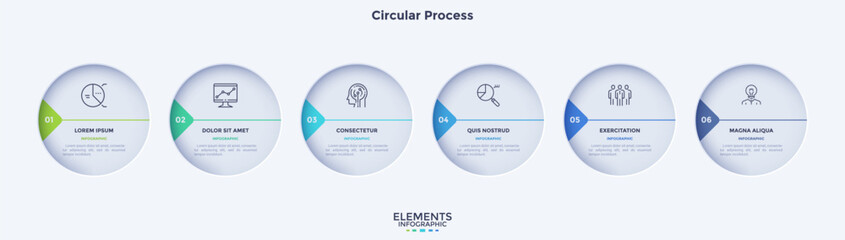 Informative circular process infographic chart for business startup demonstration. Circular infochart with thin line icons. Instructional graphics with 6 steps sequence design for web pages