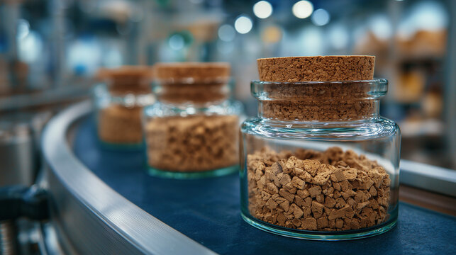 Detailed macro shot of cork-topped glass jars on conveyor, condensation reflections and soft factory light emphasizing precision and purity