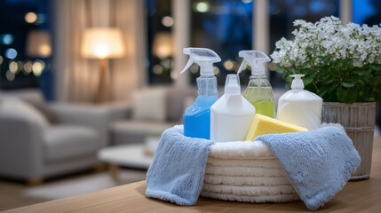 Close-up of colorful detergent bottles and cleaning spray nozzles in a plastic bucket beside a folded cloth, cozy living room interior with glowing lamp light in the background