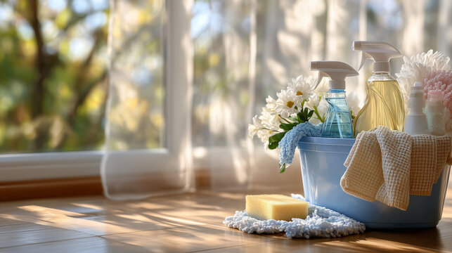 Modern home interior with a bucket filled with cleaning products and a bright cloth on the floor, sunlight filtering through sheer curtains, evoking freshness and cleanliness