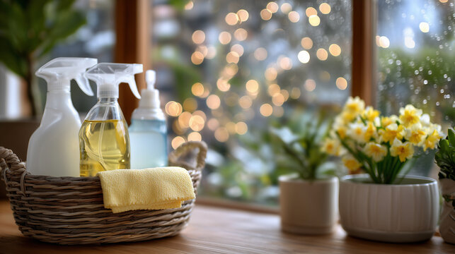 Still life of cleaning spray bottles and detergent containers in a bucket beside a window, with bokeh light and cozy furniture in the softly blurred background