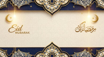 A festive Eid Mubarak greeting card with intricate gold and blue patterns and hanging crescent moons on a white background.