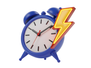 Blue alarm clock with lightning bolt isolated on transparent background