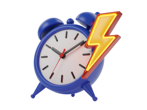 Blue alarm clock with lightning bolt isolated on transparent background
