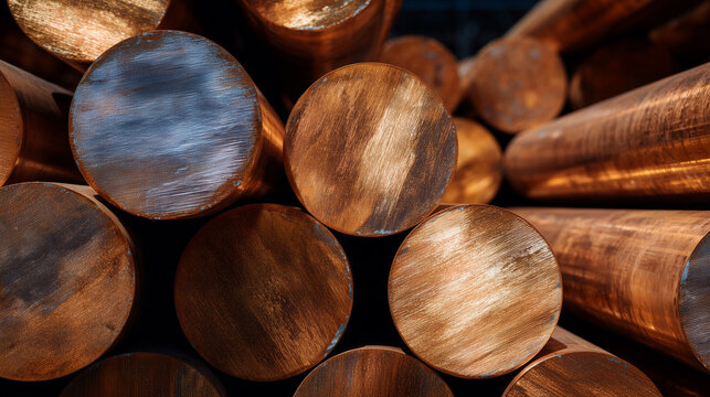 Artistic industrial composition of gleaming copper pipes stacked in a large storage area, ambient lighting emphasizing their circular geometry and polished surfaces