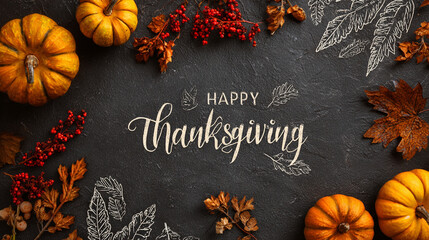 Celebrate Happy Thanksgiving with pumpkins, autumn leaves, and vibrant berries for a warm and festive holiday season
