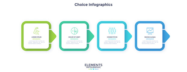 Progress bar with four colorful arrows and paper white square elements placed in horizontal row. Concept of 4 steps to project completion. Simple infographic design template. Vector illustration.