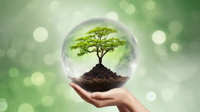 Hands holding a glass globe with a tree growing on top, symbol of sustainability and nature protection, green bokeh background
