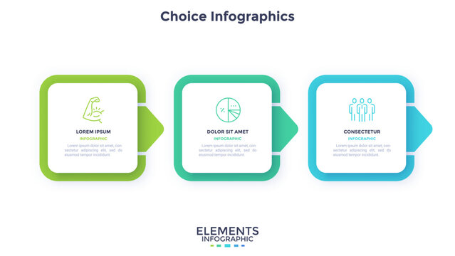 Progress bar with three colorful arrows and paper white square elements placed in horizontal row. Concept of 3 steps to project completion. Simple infographic design template. Vector illustration.