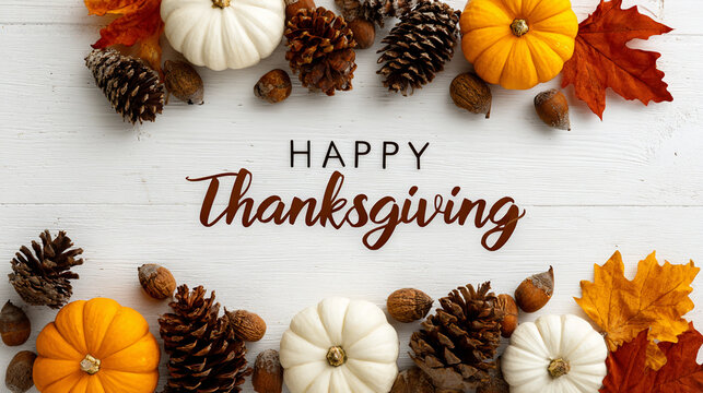 Happy Thanksgiving background with pumpkins, leaves, and pinecones on bright white wood for autumn celebrations - Powered by Adobe