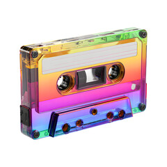 Retro rainbow colored cassette tape with clear plastic housing isolated on transparent background