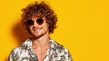 Smiling man with curly hair and sunglasses against yellow background. He's wearing a floral shirt and looking stylish for summer vacation. Great for travel ads!
