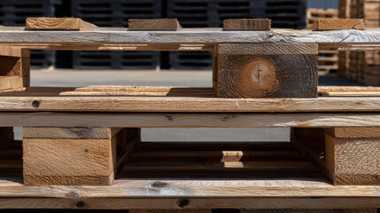 Textured composition showing tightly stacked pallets with visible grain, knots, and imperfections, evoking craftsmanship and logistics precision
