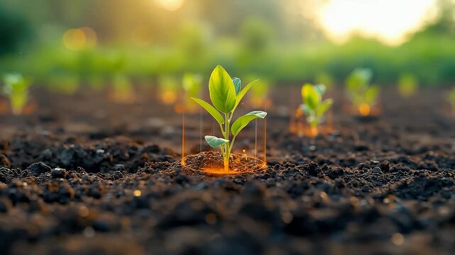 Glowing Young Plant Seedling Emerging in Fertile Soil with Digital Growth Markers at Sunrise