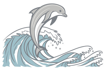 Dolphin Jumping Over Crashing Wave Illustration marine mammal