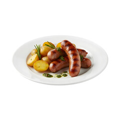 Grilled Sausages With Roasted Potatoes And Garnish Served On White Plate
