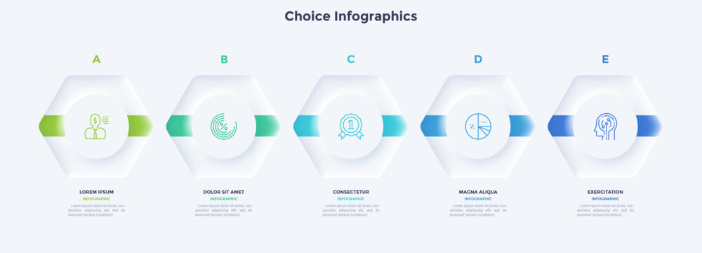 Flowchart with five paper white polygones placed in horizontal row and connected by arrows. Concept of 5 steps of project development. Simple infographic design template. Neumorphic vector