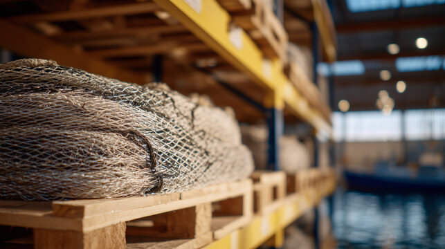 Artistic perspective of folded nylon fishing nets resting on industrial shelving, warm daylight accentuating texture and craftsmanship in a spotless, climate-stable facility