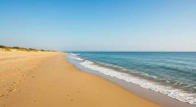Expansive, pristine beach with golden sand gently meeting the tranquil ocean under a clear sky. A deserted shoreline evokes peace and vast solitude ,open ,tranquil ,foam