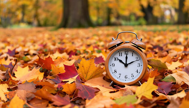 Daylight savings time. Black alarm clock with time change on wooden table. Fall Back one hour. Autumn trees and leaves background. Fall back time