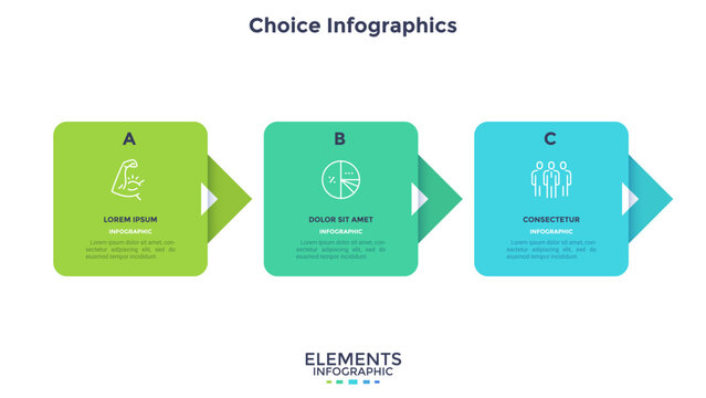 Progress bar with 3 arrows behind color rectangular elements placed in horizontal row. Concept of three steps to business success. Minimal infographic design template. Flat vector illustration.
