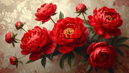 Stunning Red Peonies Bouquet on a Vintage-Style Floral Background