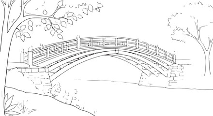 Fototapeta premium Arched Bridge Over Water with Trees Line Art