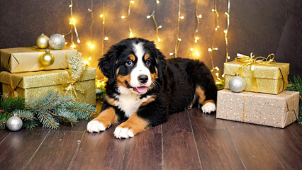 Small puppy sits near gift boxes in festive Christmas setting, symbolizing New Year joy, family celebration, and cozy atmosphere with pets and holiday decor.