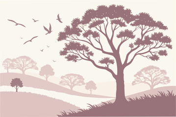 Obraz premium Silhouette landscape with large tree and flying birds