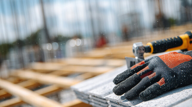 Close-up of workerâs gloved hands positioning roof tiles, sharp focus on tools, dust, and materials with blurred construction background - Powered by Adobe