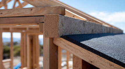 Artistic composition of roof edge under construction, visible wooden framework, rolled waterproofing membrane, and sunlight highlighting craftsmanship