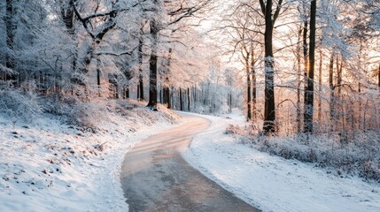 winter mindfulness scene A winding path through a snowy forest, illuminated by soft light, creating a serene winter atmosphere.
