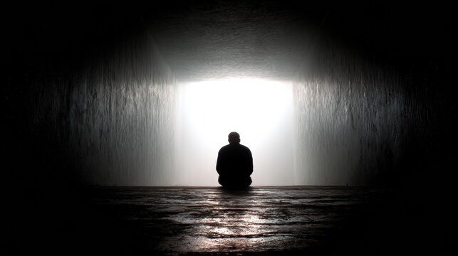 Silhouette of a Person Kneeling in a Dark Tunnel, Seeking Hope and Light in a Challenging Moment