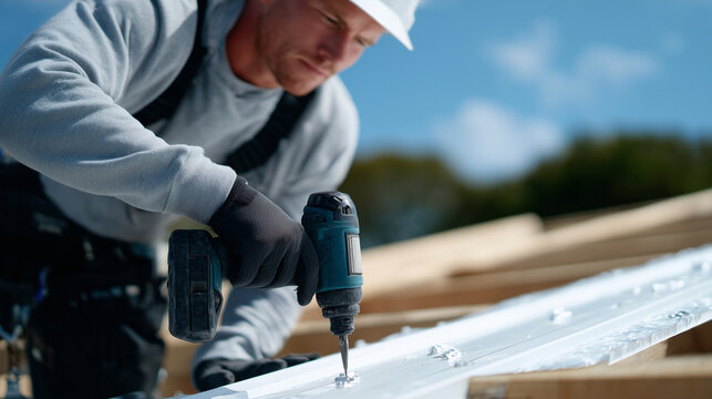 Worker aligning roof sheets with precision tools, close-up emphasizing craftsmanship and the interplay of metal, wood, and light