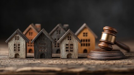 Wooden houses and judge's hammer. Real estate court decisions. Property inheritance litigation. Establishment of ownership.