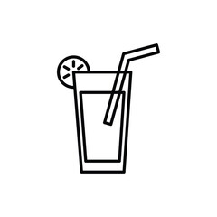 Black outlined illustration of a glass of liquid with a lemon slice and straw