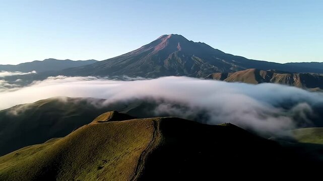 Realistic 4K footage of thick white clouds slowly moving above a mountain peak, aerial view, natural calm atmosphere, soft morning sunlight, thin mist in the valley, natural colors, ultra-detailed, ci