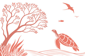 Sea turtle and birds near a stylized tree ocean water