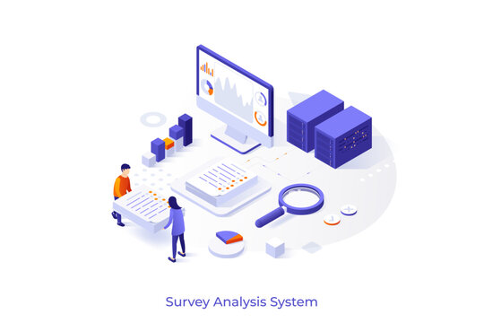 Conceptual template with people carrying piles of questionnaires, diagrams on computer screen. Scene for survey analysis system, statistical data collection. Modern isometric vector illustration.