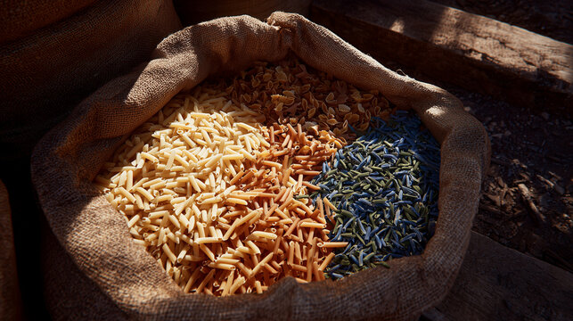 High-detail image of mixed pasta shapes inside an open sack, colorful textures lit by overhead warehouse light