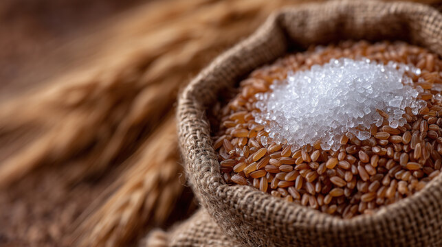 Close-up of refined sugar and brown rice sacks, soft contrast between shimmering sugar crystals and matte grains