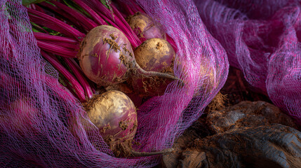 Richly detailed image of deep red beets inside a violet net bag, earthy residue on roots contrasting with clean industrial floor
