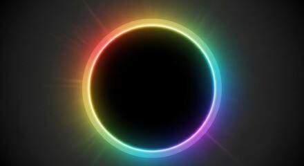 Luminous rainbow ring glows vibrantly around a central dark void set against a gradient gray background creating a futuristic abstract design element perfect for technology themes and modern presenta